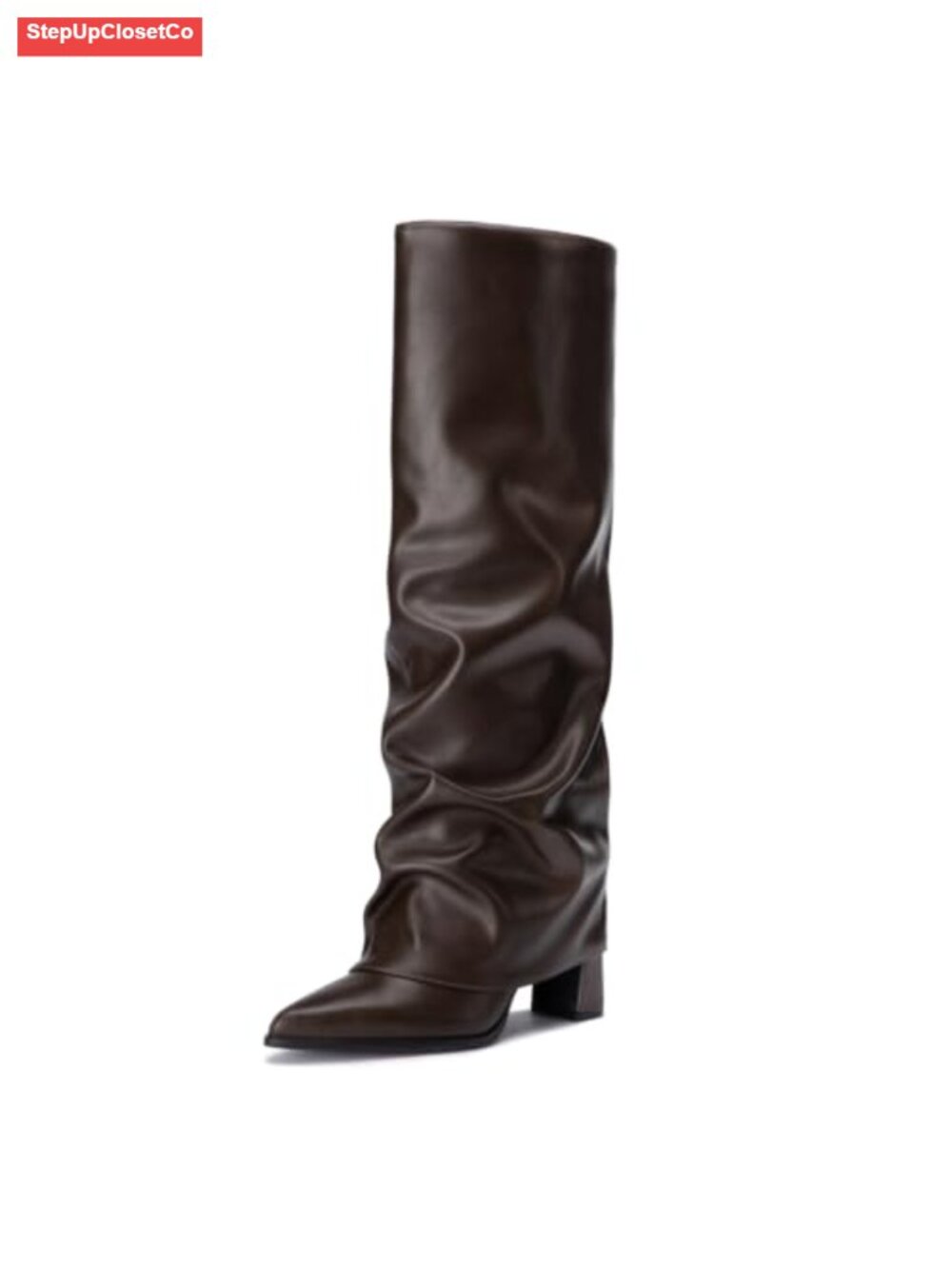 Women's Knee High Boots Chunky Heel Fold Over PU Faux Leather Pointed Toe